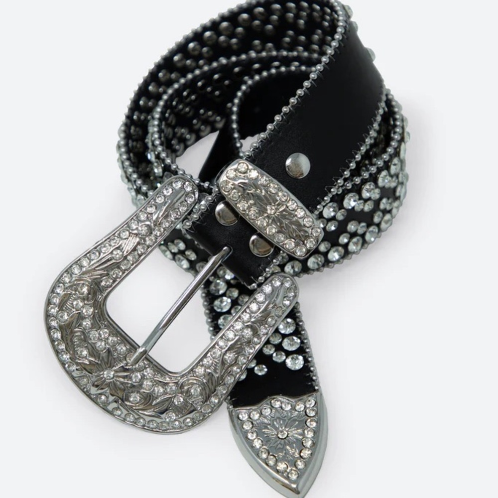 Kamberley Black & Silver Rhinestone Genuine Leather Western Belt - Size M/L